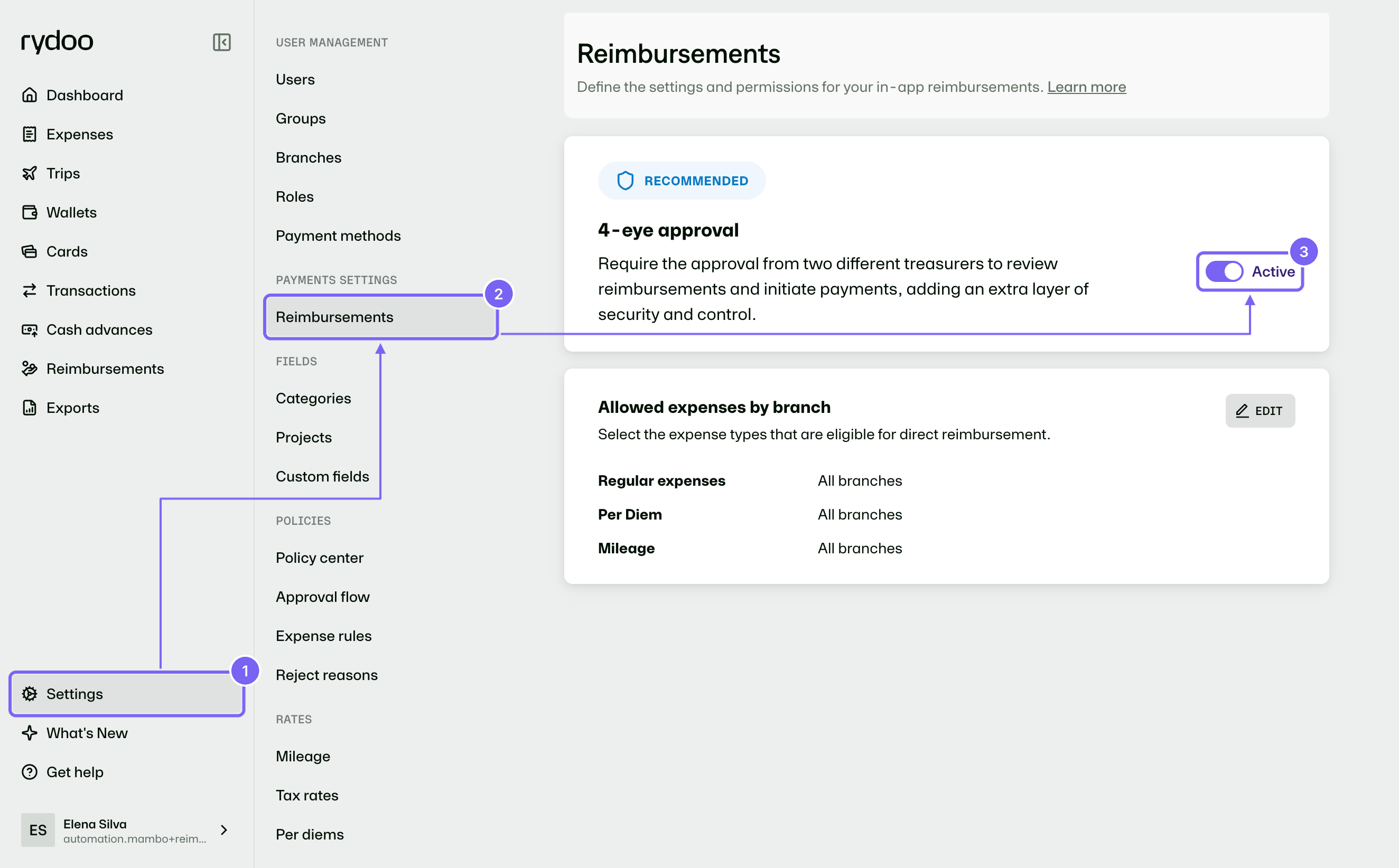 Reimbursements payment settings - 4-eye approval toggle