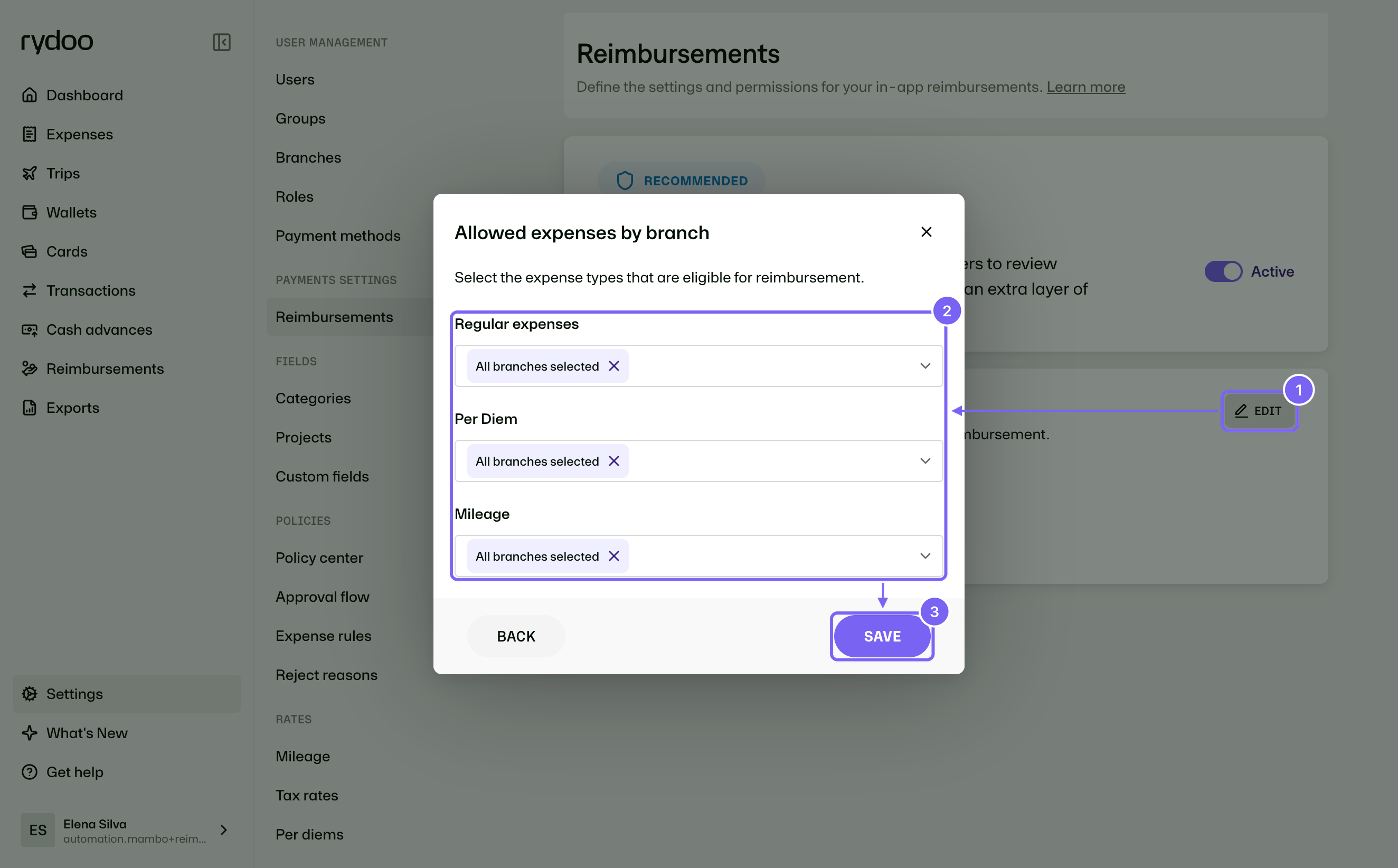 Reimbursements payment settings - edit allowed expenses by branch