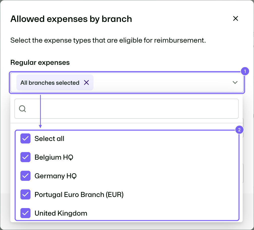 Reimbursements payment settings - select eligible branches
