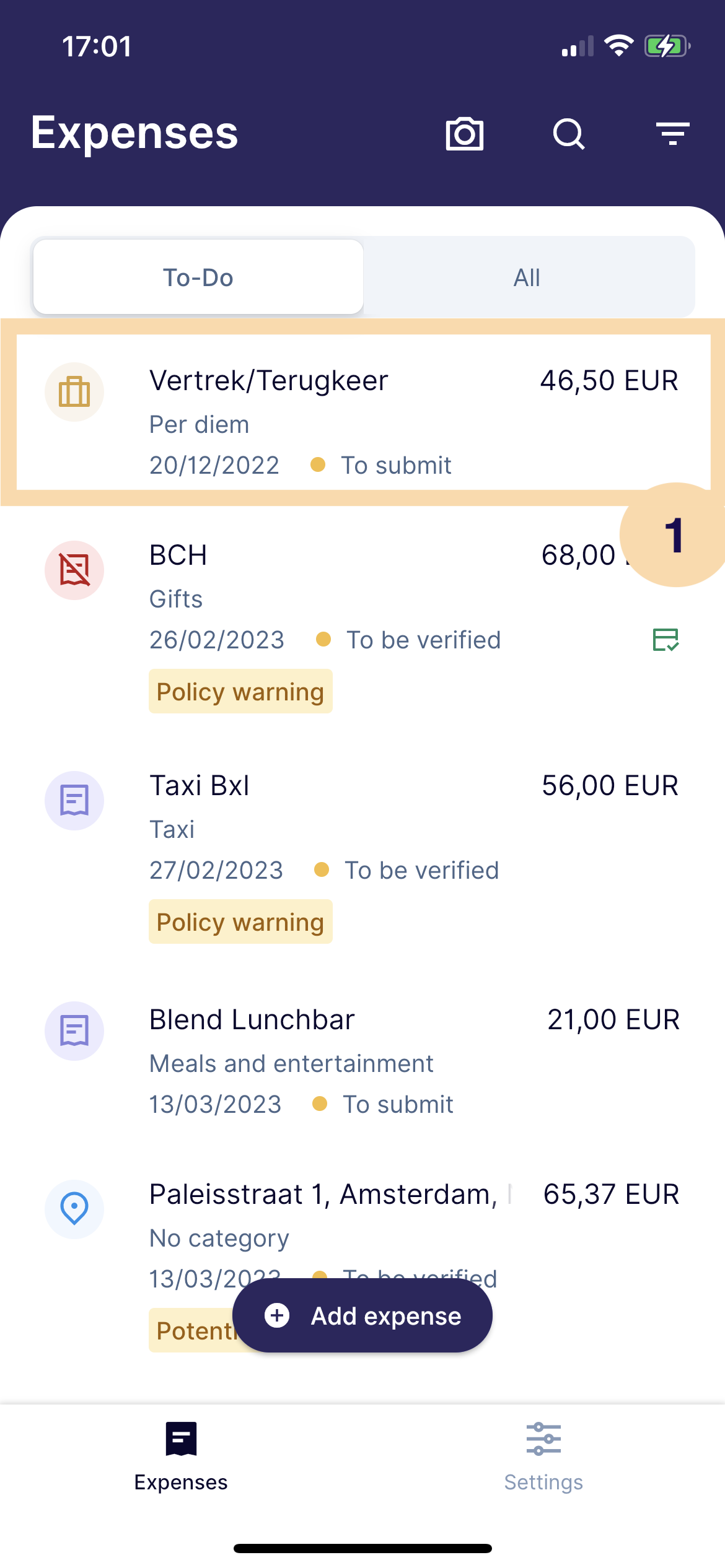 Add deductions and supplements of a per diem expense Rydoo